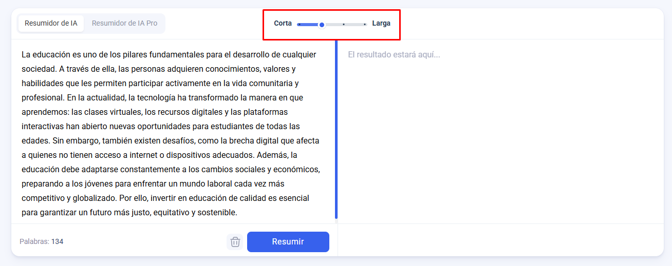 Resumidor de textos Summary Length Bar
